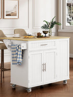 Kitchen Island with Storage, 31.5" D Rolling Kitchen Island Cart on Wheels with Widen Drop Leaf Rubberwood Top, Large Mobile Kitchen Islands with Trash Can Storage and Towel Bar, White
