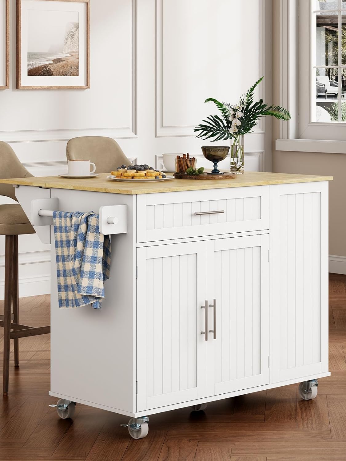 Kitchen Island with Storage, 31.5" D Rolling Kitchen Island Cart on Wheels with Widen Drop Leaf Rubberwood Top, Large Mobile Kitchen Islands with Trash Can Storage and Towel Bar, White