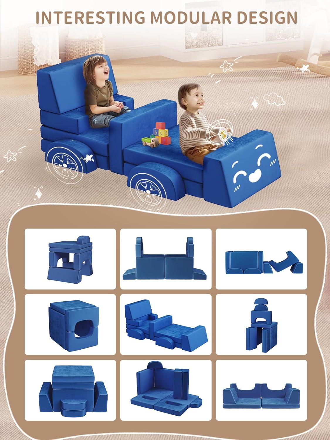 Modular Kids Play Couch, 10PCS Nugget Couch Kids for Boys and Girls, Child Sectional Sofa Versatile Kid Sofa for Playroom, Bedroom, Classroom, Navy Blue
