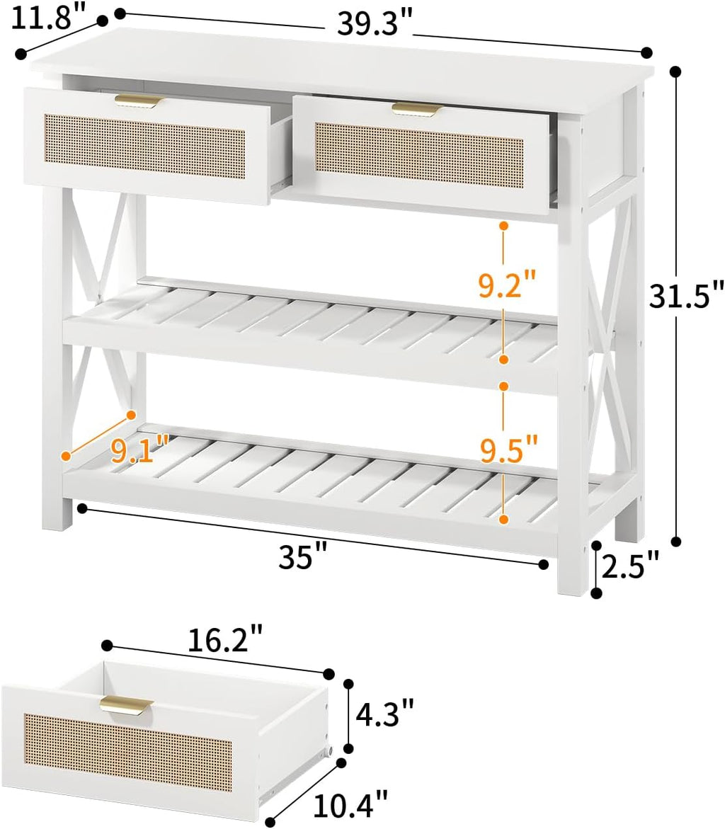 Console Table with 2 Rattan Drawers, Entryway Table with 3-Tier Storage Shelves, Narrow Long Sofa Table for Entryway, Hallway, Foyer and Living Room, White
