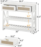 Console Table with 2 Rattan Drawers, Entryway Table with 3-Tier Storage Shelves, Narrow Long Sofa Table for Entryway, Hallway, Foyer and Living Room, White