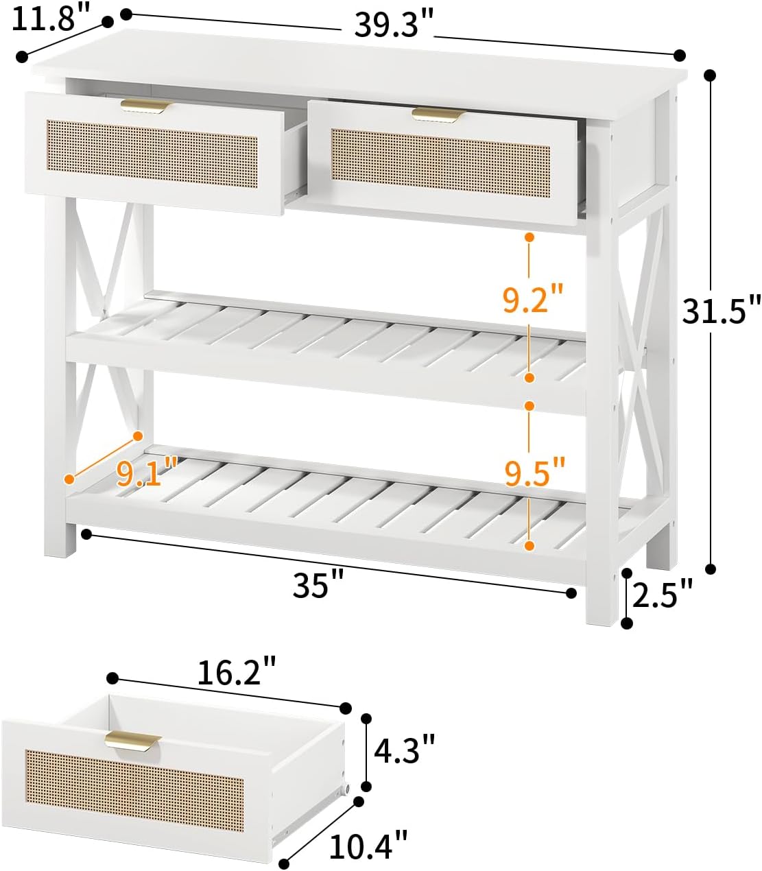 Console Table with 2 Rattan Drawers, Entryway Table with 3-Tier Storage Shelves, Narrow Long Sofa Table for Entryway, Hallway, Foyer and Living Room, White