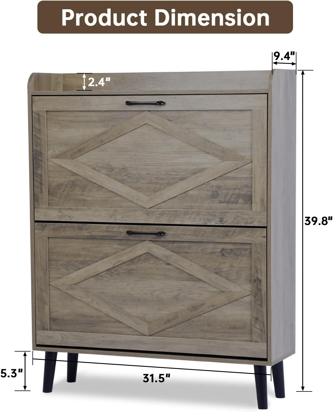 Shoe Storage Cabinet with 2 Flip Drawers, Farmhouse Narrow Shoe Cabinet for Entryway, Slim Shoe Organizer Cabinet with Wood Legs, Washed Gray