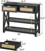 Console Table with 2 Rattan Drawers, Entryway Table with 3-Tier Storage Shelves, Narrow Long Sofa Table for Entryway, Hallway, Foyer and Living Room, Black