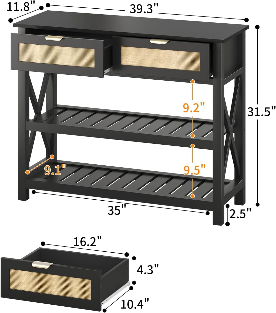 Console Table with 2 Rattan Drawers, Entryway Table with 3-Tier Storage Shelves, Narrow Long Sofa Table for Entryway, Hallway, Foyer and Living Room, Black