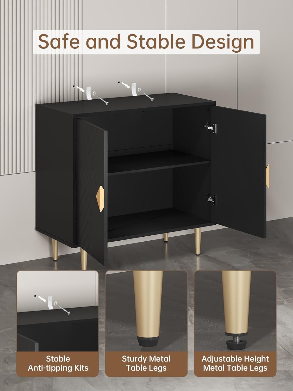 Sideboard Cabinet, 63'' Modern Buffet Cabinet with Storage Set of 2, Credenza with 4 Doors and Adjustable Shelves, Sideboard for Living Room, Kitchen and Entryway, Black
