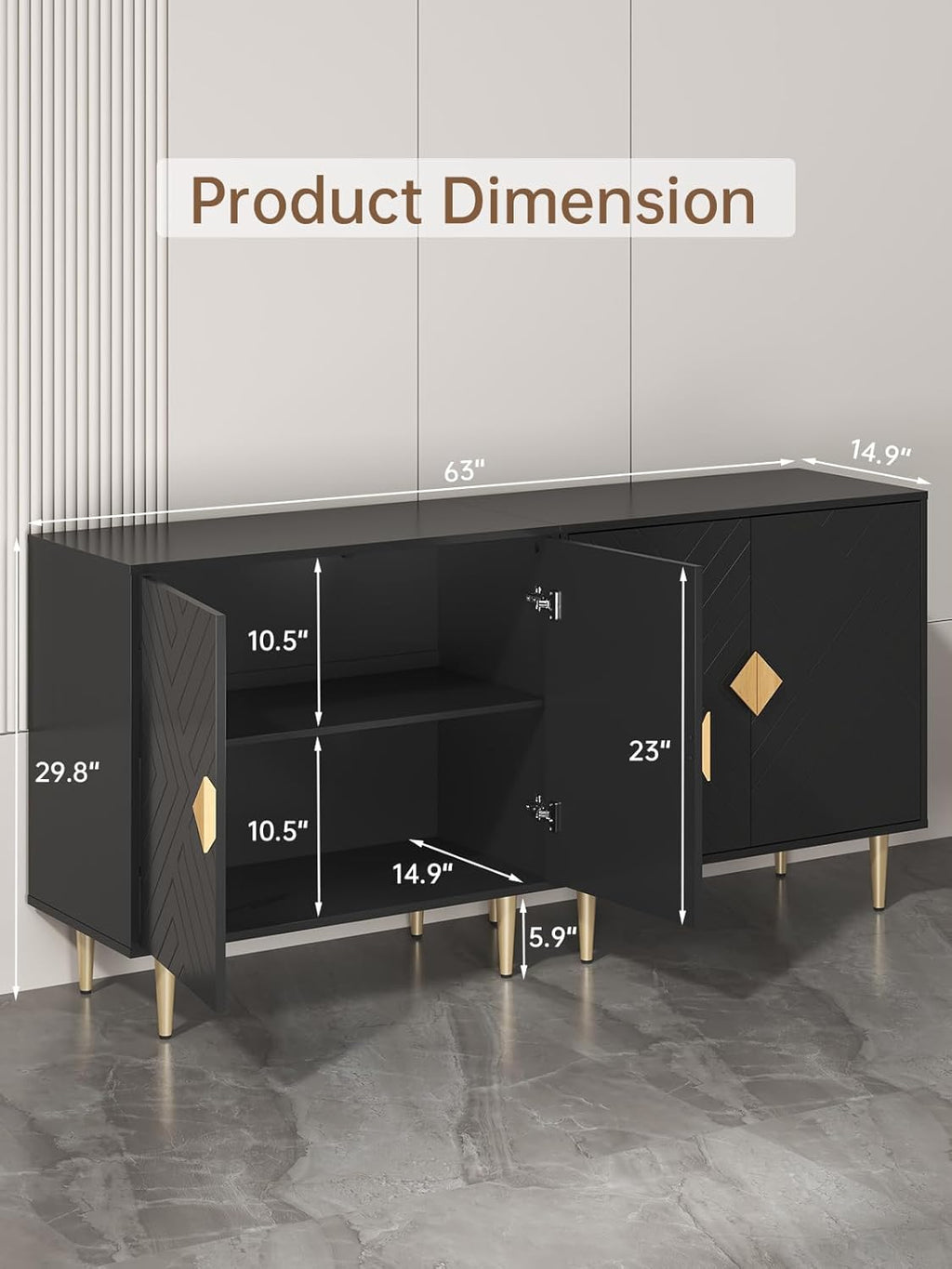Sideboard Cabinet, 63'' Modern Buffet Cabinet with Storage Set of 2, Credenza with 4 Doors and Adjustable Shelves, Sideboard for Living Room, Kitchen and Entryway, Black