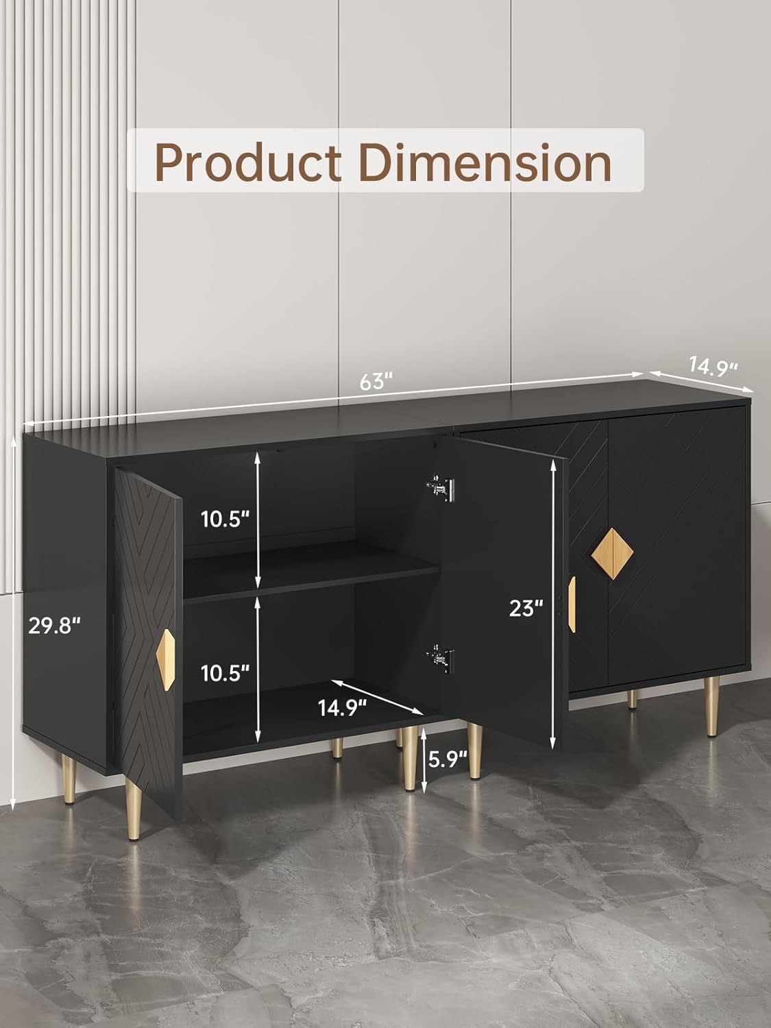 Sideboard Cabinet, 63'' Modern Buffet Cabinet with Storage Set of 2, Credenza with 4 Doors and Adjustable Shelves, Sideboard for Living Room, Kitchen and Entryway, Black