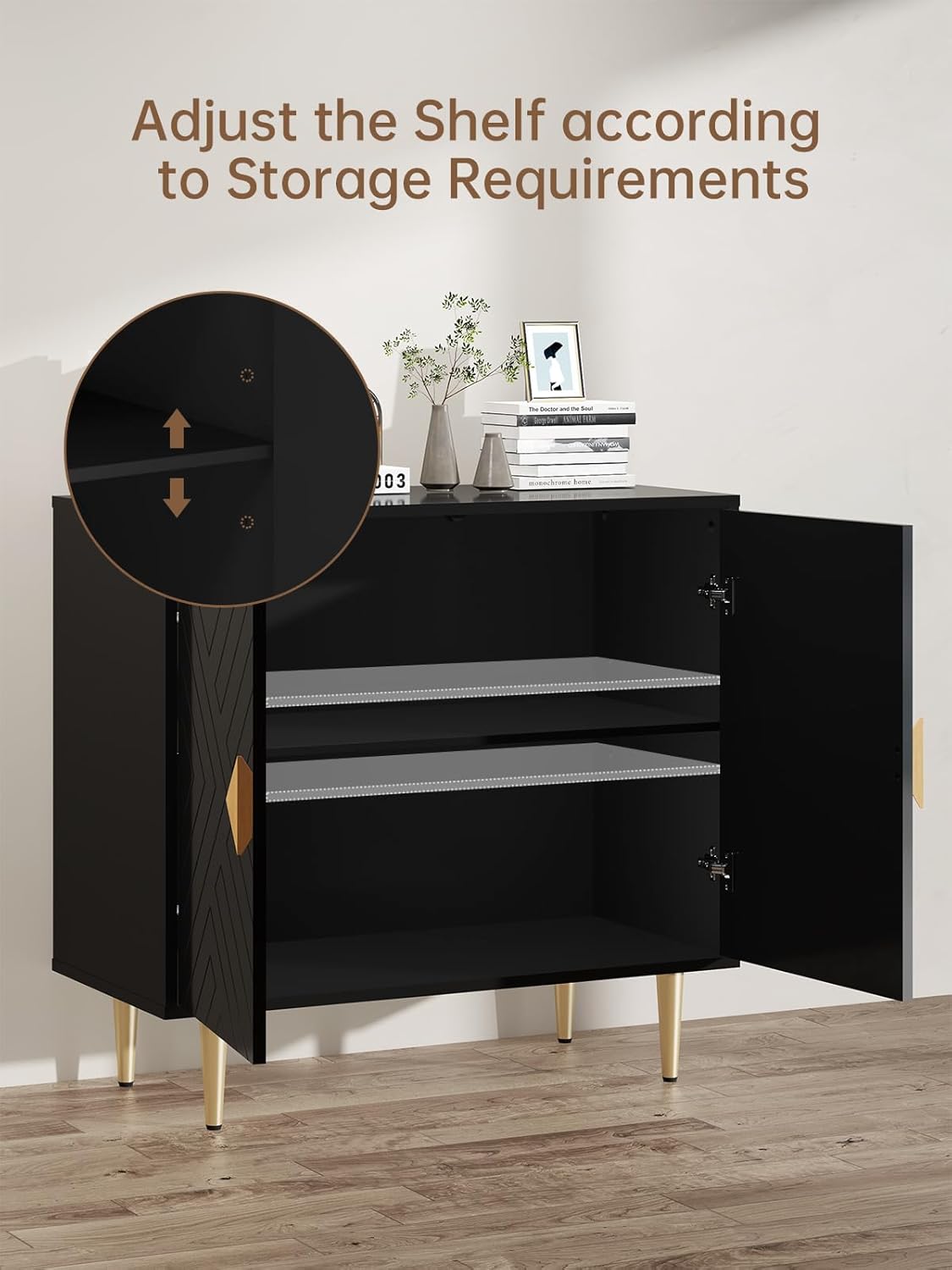 Sideboard Cabinet, 63'' Modern Buffet Cabinet with Storage Set of 2, Credenza with 4 Doors and Adjustable Shelves, Sideboard for Living Room, Kitchen and Entryway, Black