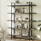 Heavy Duty 5-Tier Industrial Bookcase, 47" Wide Wood Bookshelf for Home Office, 120lbs Shelf Capacity, Rustic Shelving Display with Reinforced Horizontal Shelf for Living Room Bedroom,Grey