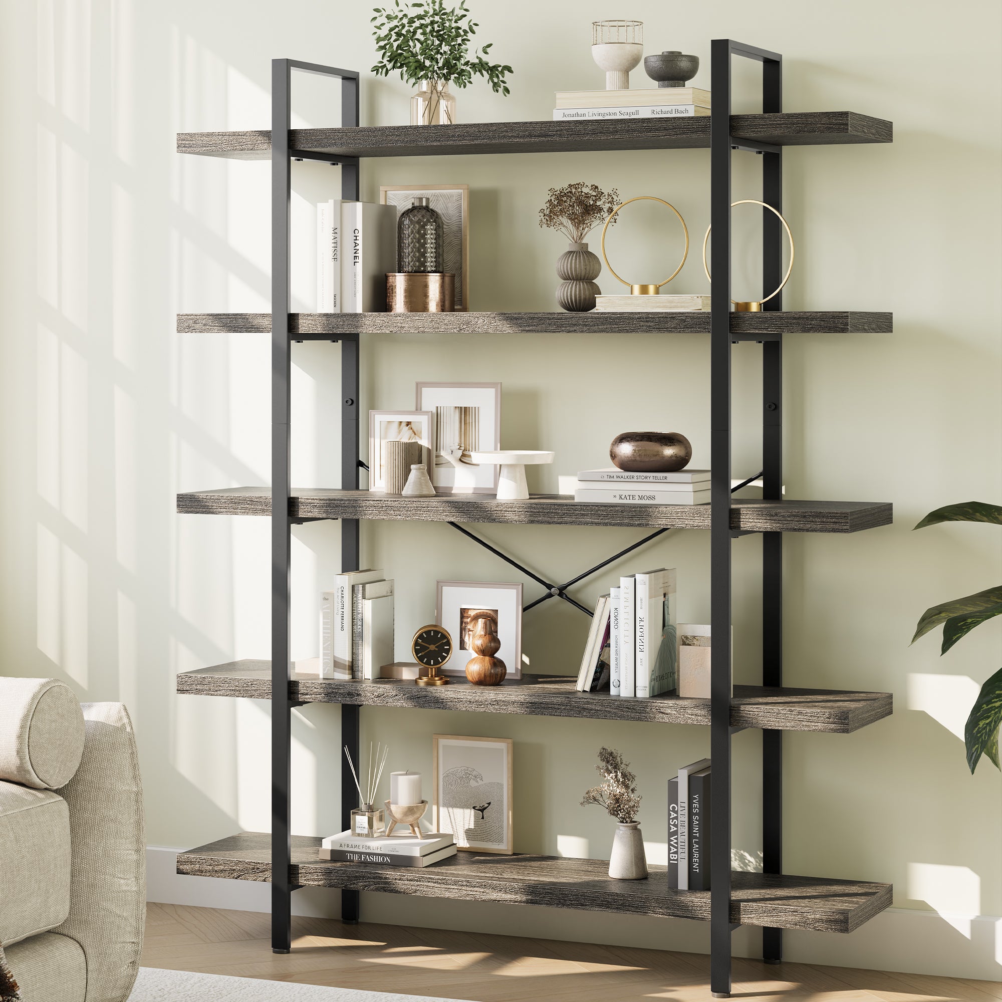 Heavy Duty 5-Tier Industrial Bookcase, 47" Wide Wood Bookshelf for Home Office, 120lbs Shelf Capacity, Rustic Shelving Display with Reinforced Horizontal Shelf for Living Room Bedroom,Grey