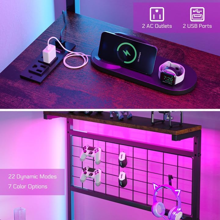 L Shaped Gaming Desk, Reversible Computer Desk with 4-Tier Shelves, Corner Desk with Pegboard, Home Office Desk with LED Lights & Power Outlets Gaming Desk with Storage, Rustic Brown