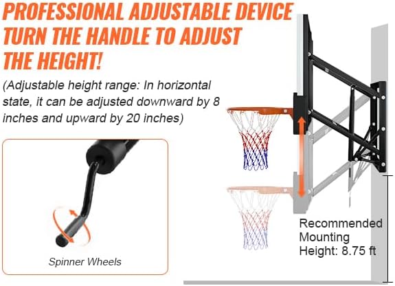 54 Inch Basketball Backboard, 8-20 FT Height Adjustable Outdoor Wall Mounted Basketball Hoop for Gyms Garages Schools