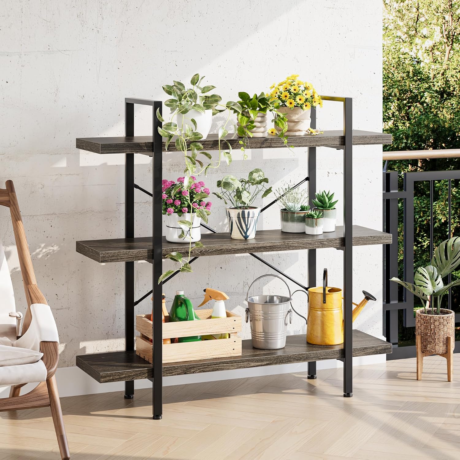 Heavy Duty 3-Tier Industrial Bookcase, 39" Wide Wood Bookshelf for Home Office, 120lbs Shelf Capacity, Rustic Shelving Display with Reinforced Horizontal Shelf for Living Room Bedroom, Grey