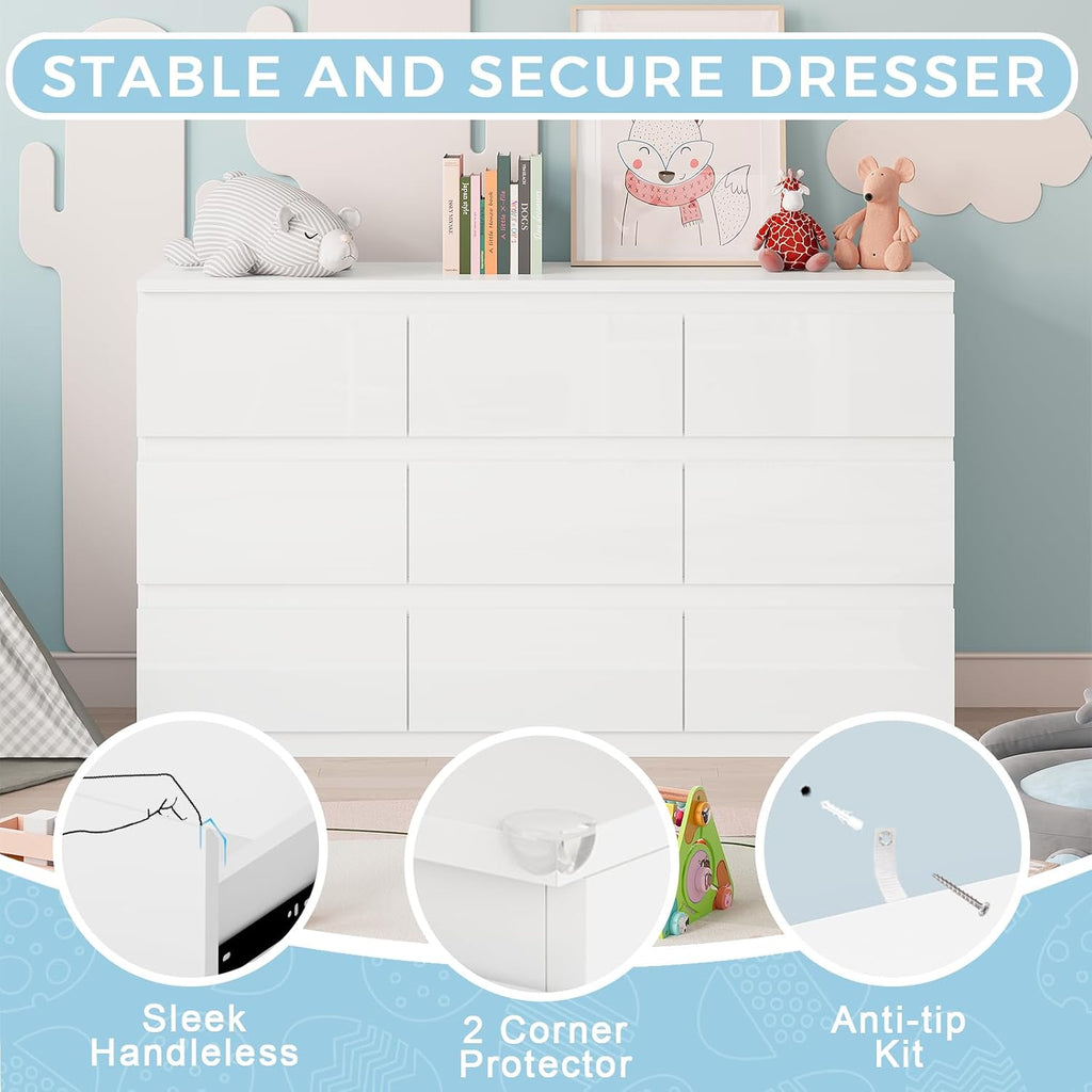 White Wood Dresser for Bedroom, 9 Drawer Clothes Storage | Modern, Handle-Free, High Gloss, Wooden Drawers, 55" long, for Living Room, Entryway, TV Stand
