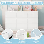 White Wood Dresser for Bedroom, 9 Drawer Clothes Storage | Modern, Handle-Free, High Gloss, Wooden Drawers, 55" long, for Living Room, Entryway, TV Stand