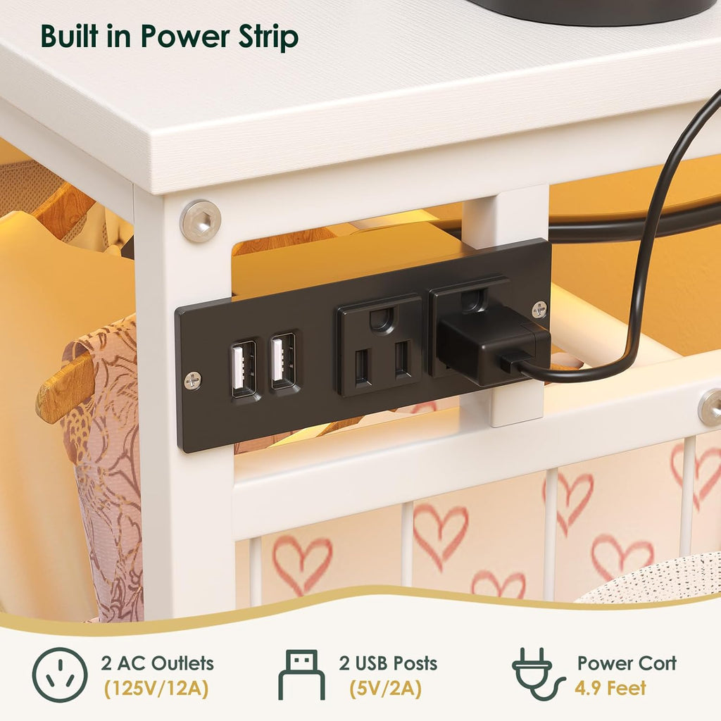 47.2" White Dresser with Hanging Rack, 2 in 1 Bedroom 6 Drawers Dresser with LED Lights & Charging Station, Wooden Dressers with Fabric Drawers and Clothing Rack for Girls, Kids