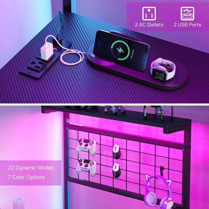 L Shaped Gaming Desk, Reversible Computer Desk with 4-Tier Shelves, Corner Desk with Pegboard, Home Office Desk with LED Lights & Power Outlets Gaming Desk with Storage, Carbon Fiber Black