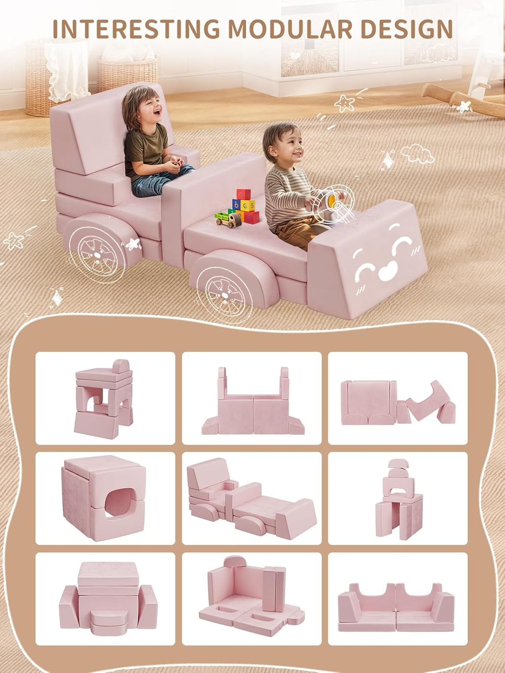 Modular Kids Play Couch, 10PCS Nugget Couch Kids for Boys and Girls, Child Sectional Sofa Versatile Kid Sofa for Playroom, Bedroom, Classroom, Pink