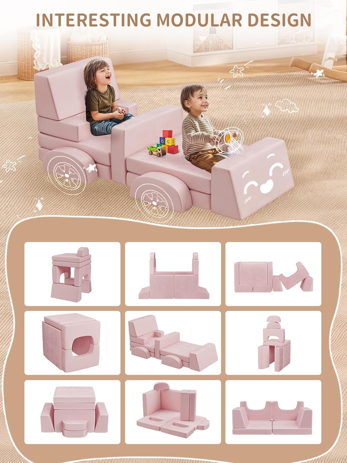 Modular Kids Play Couch, 10PCS Nugget Couch Kids for Boys and Girls, Child Sectional Sofa Versatile Kid Sofa for Playroom, Bedroom, Classroom, Pink