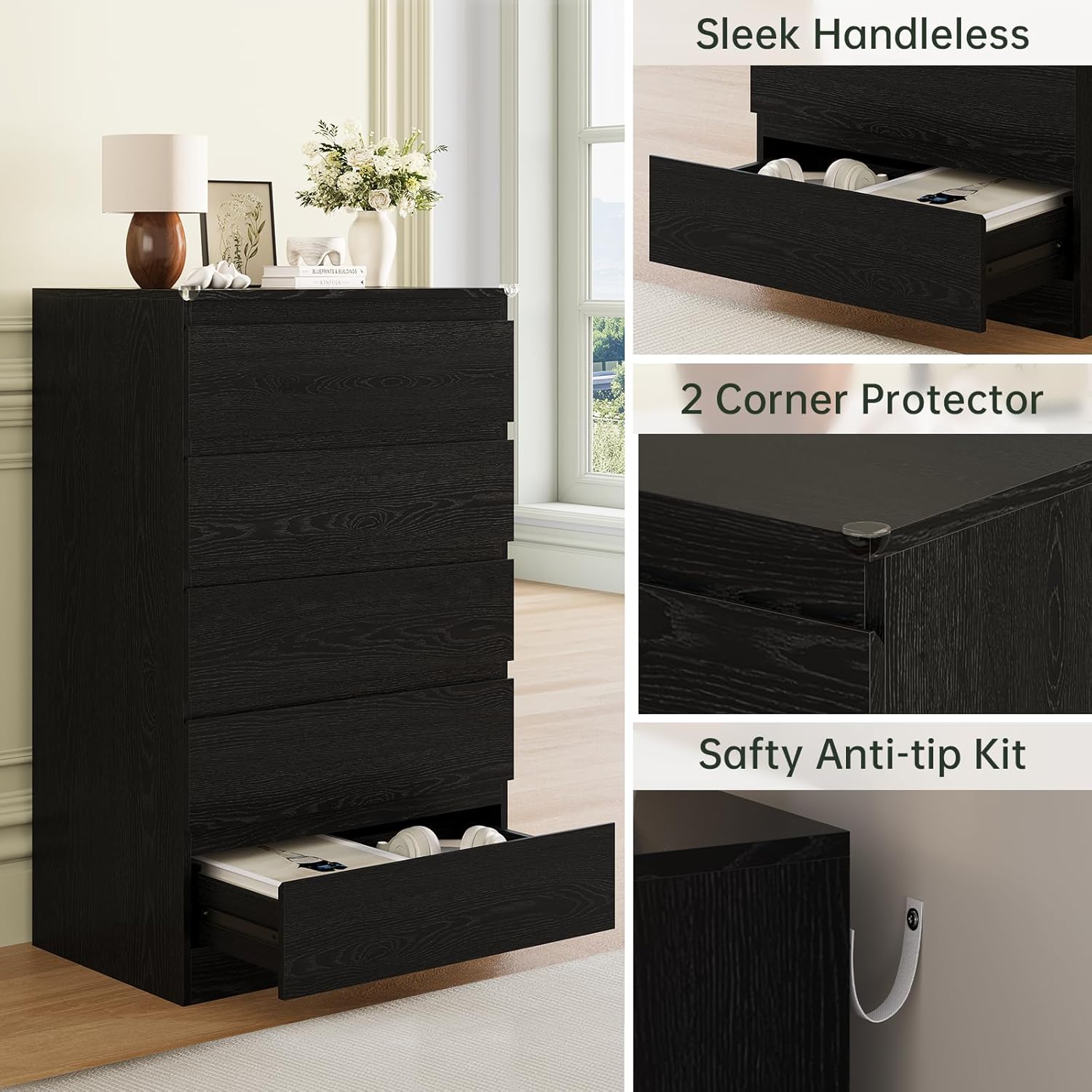 Black Wood Dresser for Bedroom, 5 Drawer for Clothes Storage, Modern Dresser with Wide Drawers, Wide Wooden Chest Drawers for Living Room, Entryway, TV Stand