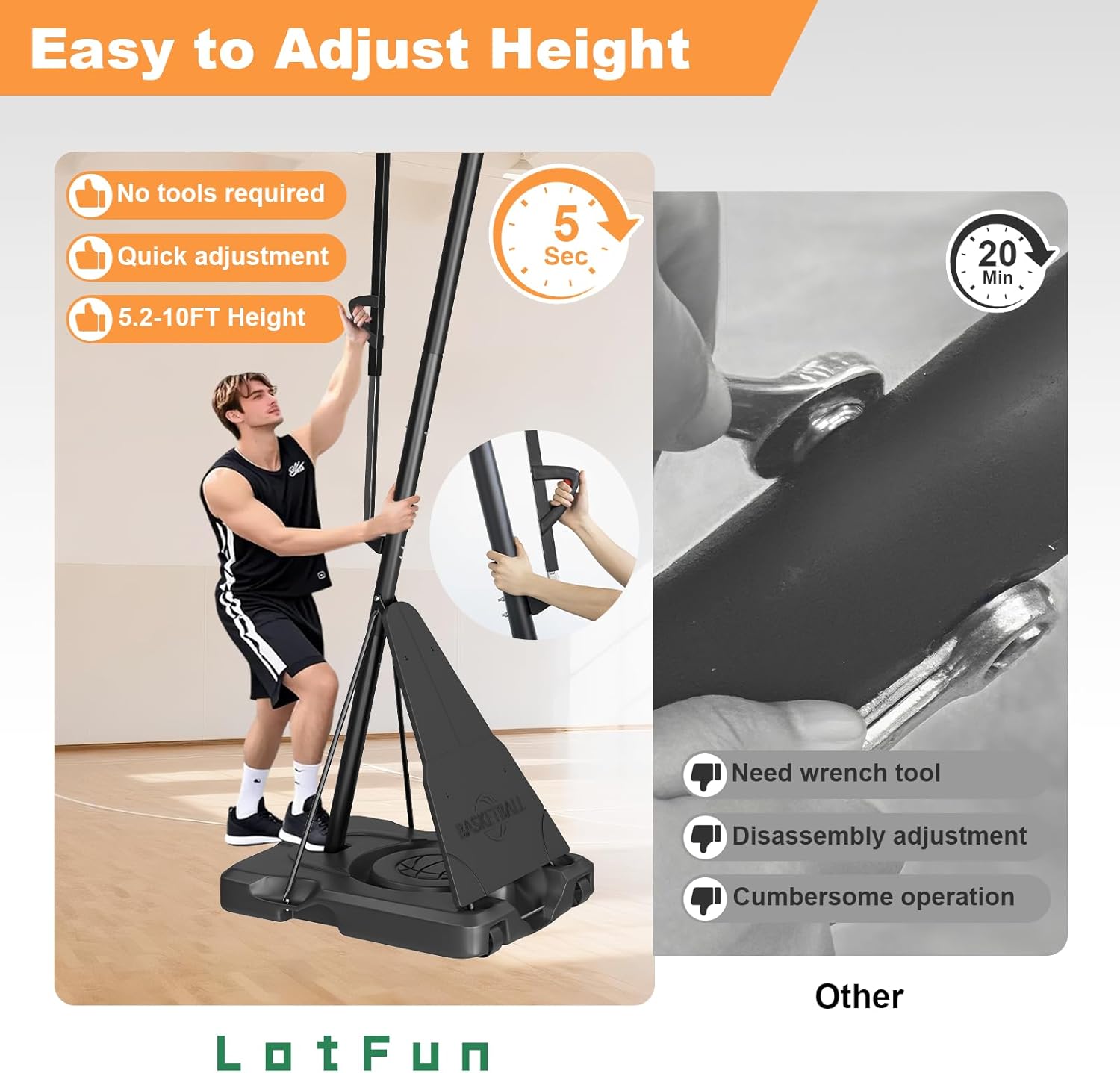 44 Inch Basketball Hoop, 5-10FT Height Adjustable Basketball Hoop Goal System with Shatterproof Backboard and Wheels, Outdoor Portable Basketball Goals for Backyard, Garage, Park (Hand Pull)