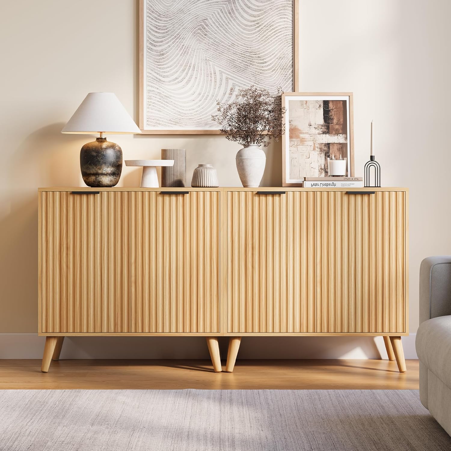 Fluted Sideboard Buffet Cabinet with Storage, Modern Sideboard Cabinet for Dining Room, Accent Credenza with Adjustable Shelves 2 Doors Storage Cabinets for Living Room|Kitchen, Natural