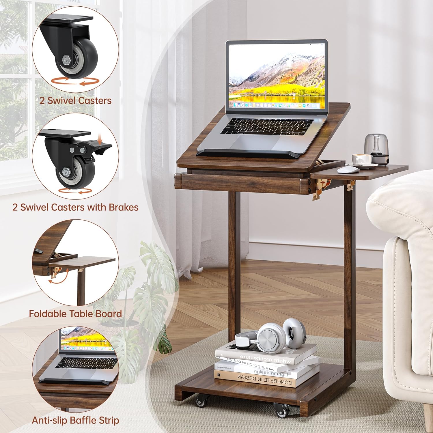 C Shaped End Table, Rolling Side Table with 4-Way Convertible Desktop, Wooden C Table with Multi-Functional Folding Tray & Small Chair, Side Table for Couch, Living Room, Bedroom, Walnut