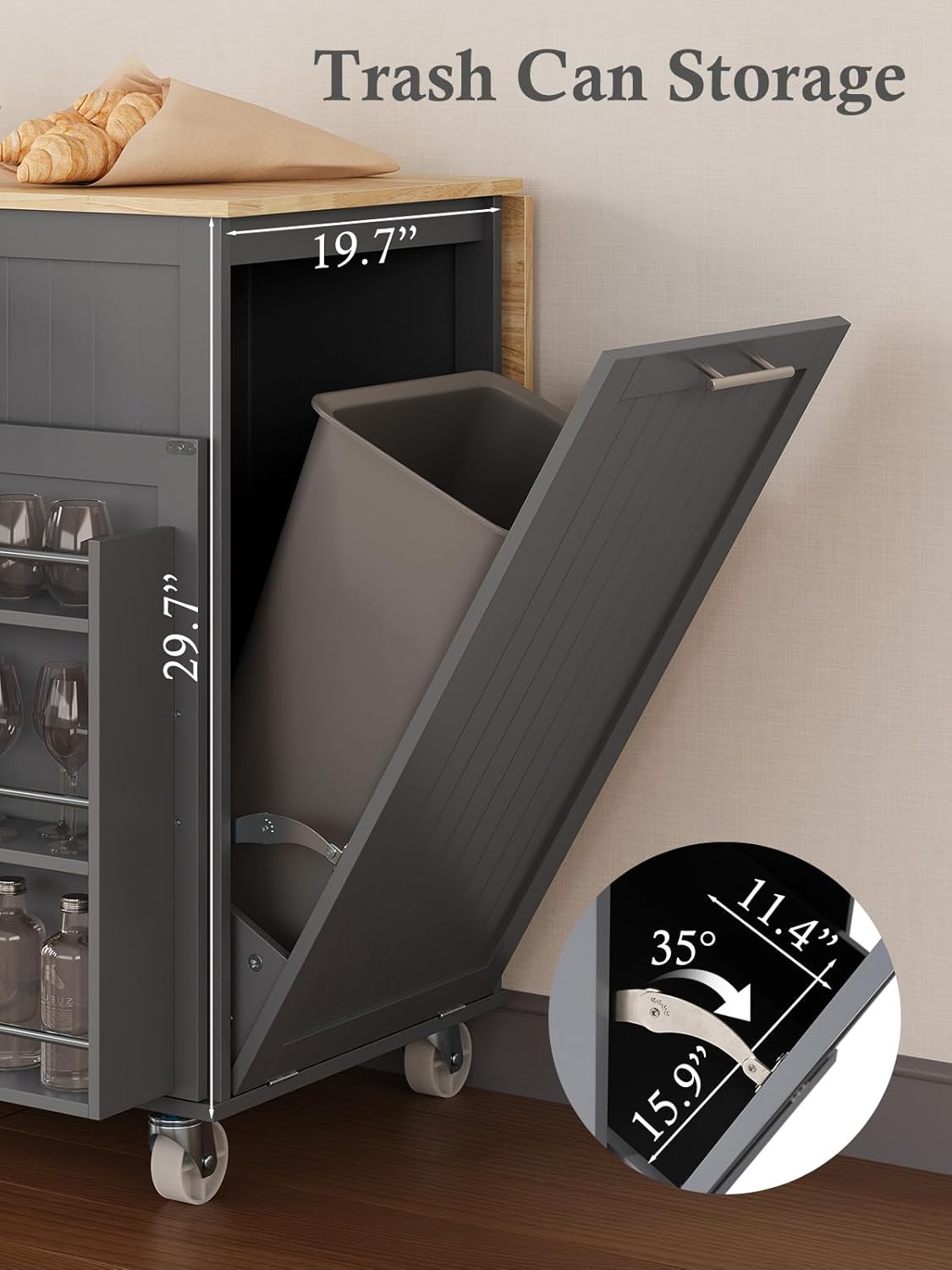 Kitchen Island with Storage, 31.5" D Rolling Kitchen Cart on Wheels with Widen Drop Leaf Rubberwood Top, Large Mobile Kitchen Island with Trash Can Storage and Towel Bar, Grey