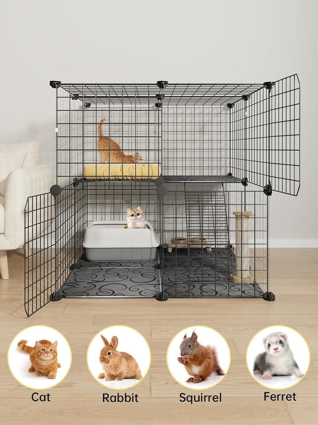 2 Tier Cat Cage with Climbing Ladder, Detachable Metal Wire Cat Kennels for Indoor Cats, DIY Cat Crate for Ferret, Squirrel and Small Animals, Black
