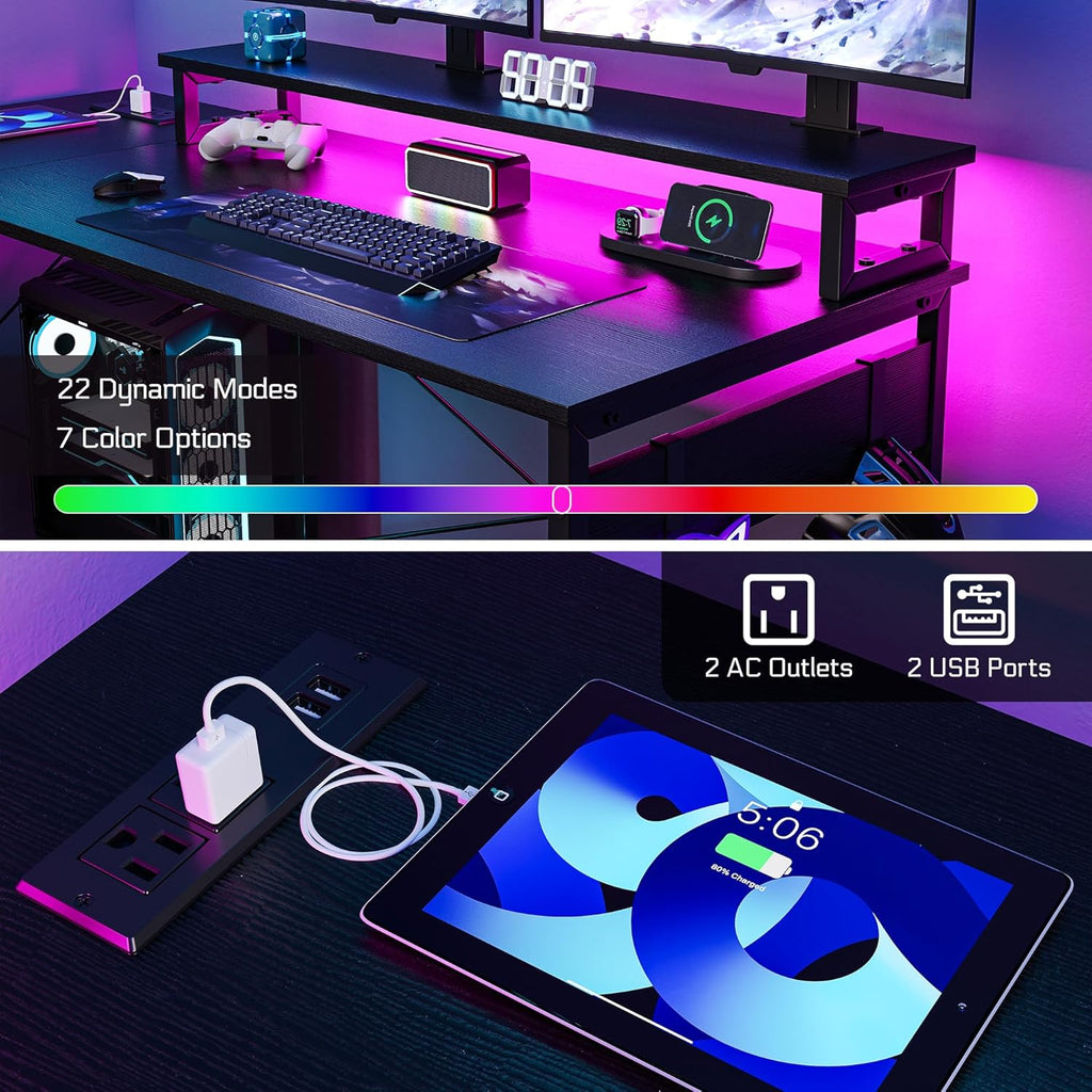 L Shaped Gaming Desk with 4 Drawers, 51" Reversible Computer Desk with Monitor Stand, Home Office Table with USB Port&LED Lights, L Shape Corner Office Desk with Open Shelves&Hooks, Black