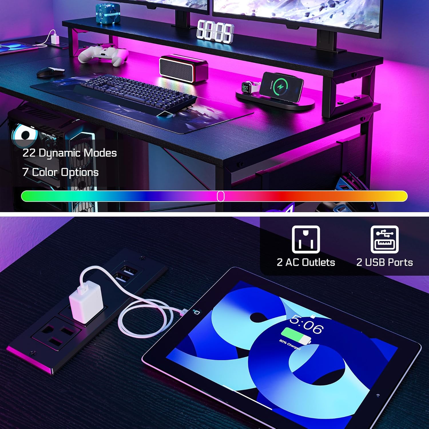 L Shaped Gaming Desk with 4 Drawers, 51" Reversible Computer Desk with Monitor Stand, Home Office Table with USB Port&LED Lights, L Shape Corner Office Desk with Open Shelves&Hooks, Black