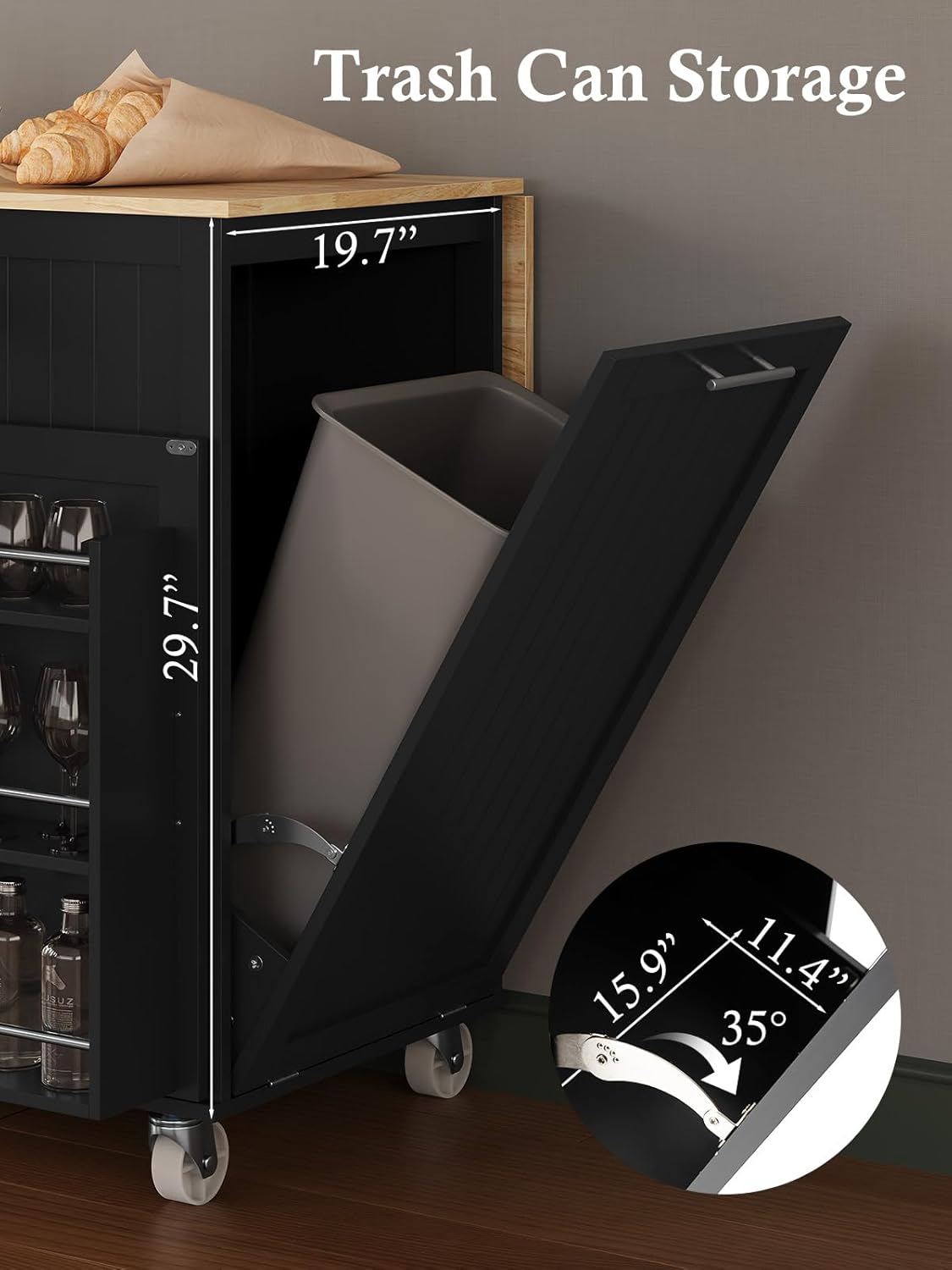 Kitchen Island with Storage, 31.5" D Rolling Kitchen Cart on Wheels with Widen Drop Leaf Rubberwood Top, Large Mobile Kitchen Island with Trash Can Storage and Towel Bar, Black