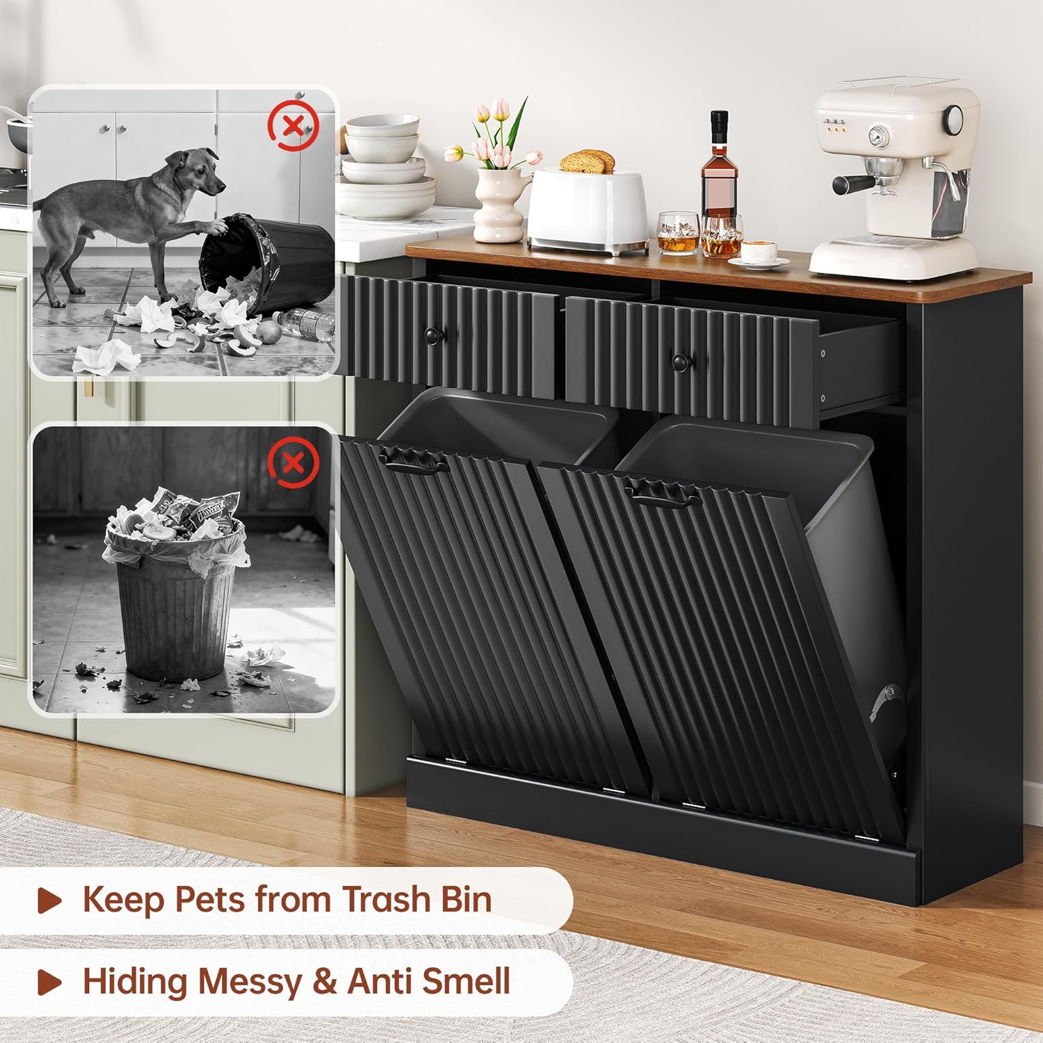 Double Tilt Out Trash Can Cabinet 20 Gallon Large Wooden, Free Standing Laundry Sorter with 2 Hideaway Drawer, 2 Doors Recycling Trash Can Storage for Kitchen Laundry (Black, 20 Gallon)