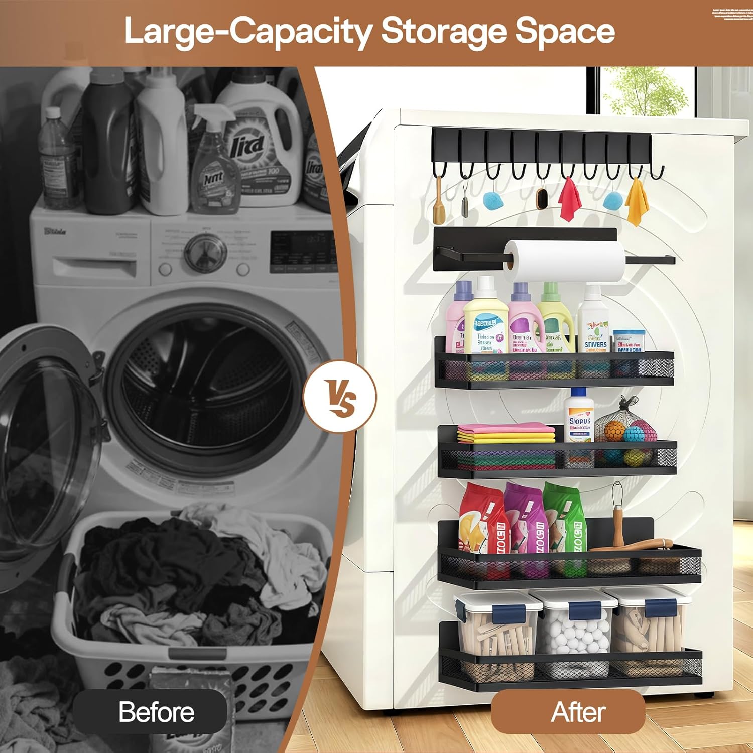 6 Pack Magnetic Shelves for Washing Machine and Fridge, Magnetic Laundry Organizer, Magnetic Fridge Shelves with Versatile Hooks, Paper Towel Holder and Metal Storage Baskets