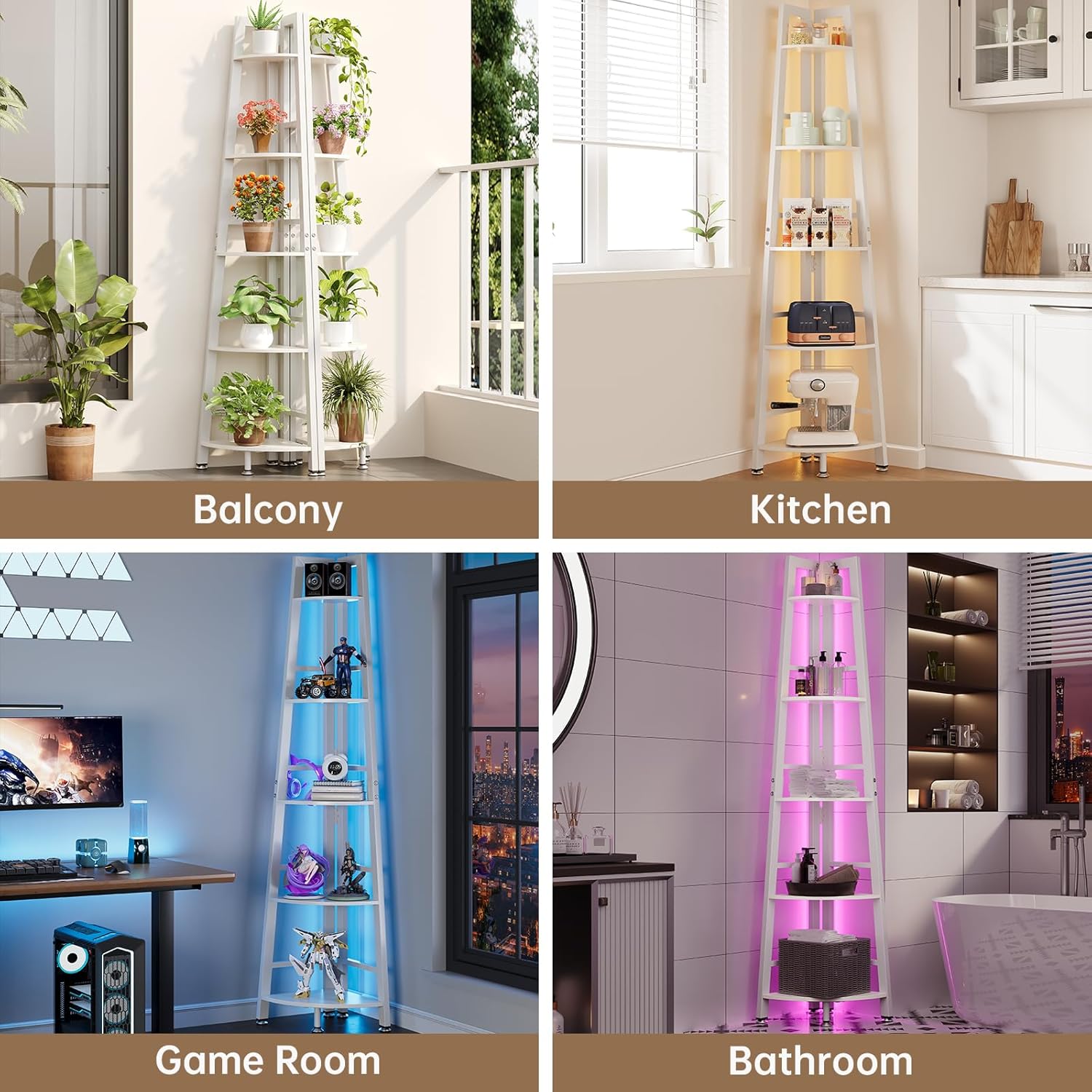 5-Tier Corner Shelf with LED Light, 70 Inch Display Shelf for Living Room, Bedroom, Bookshelf, Industrial Shelf, Plant Shelf (White, Ladder Corner Shelf)