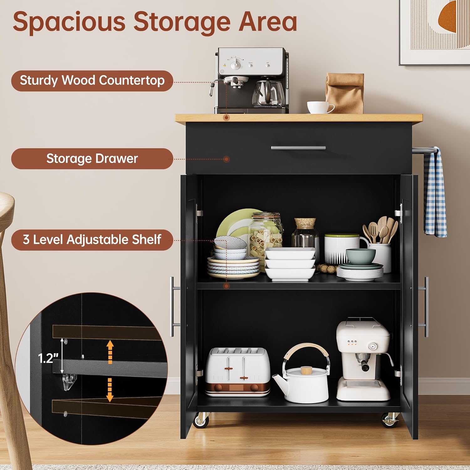 Kitchen Island Cart with Storage, Small Kitchen Island on Wheels with Large Drawer, Adjustable Shelf & Towel Rack, Rolling Island Table for Kitchen & Dining Room, Black