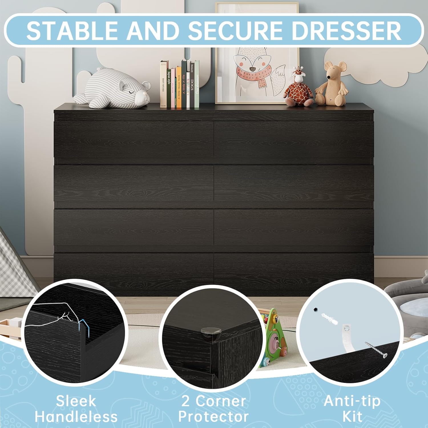 Black Wood Dresser for Bedroom, 8 Drawer Dressers for Clothes Storage, Modern Dresser with Wide Drawers, Wide Wooden Chest Drawers for Living Room|Entryway|TV Stand(55" W x15.4 Dx32.3 H)