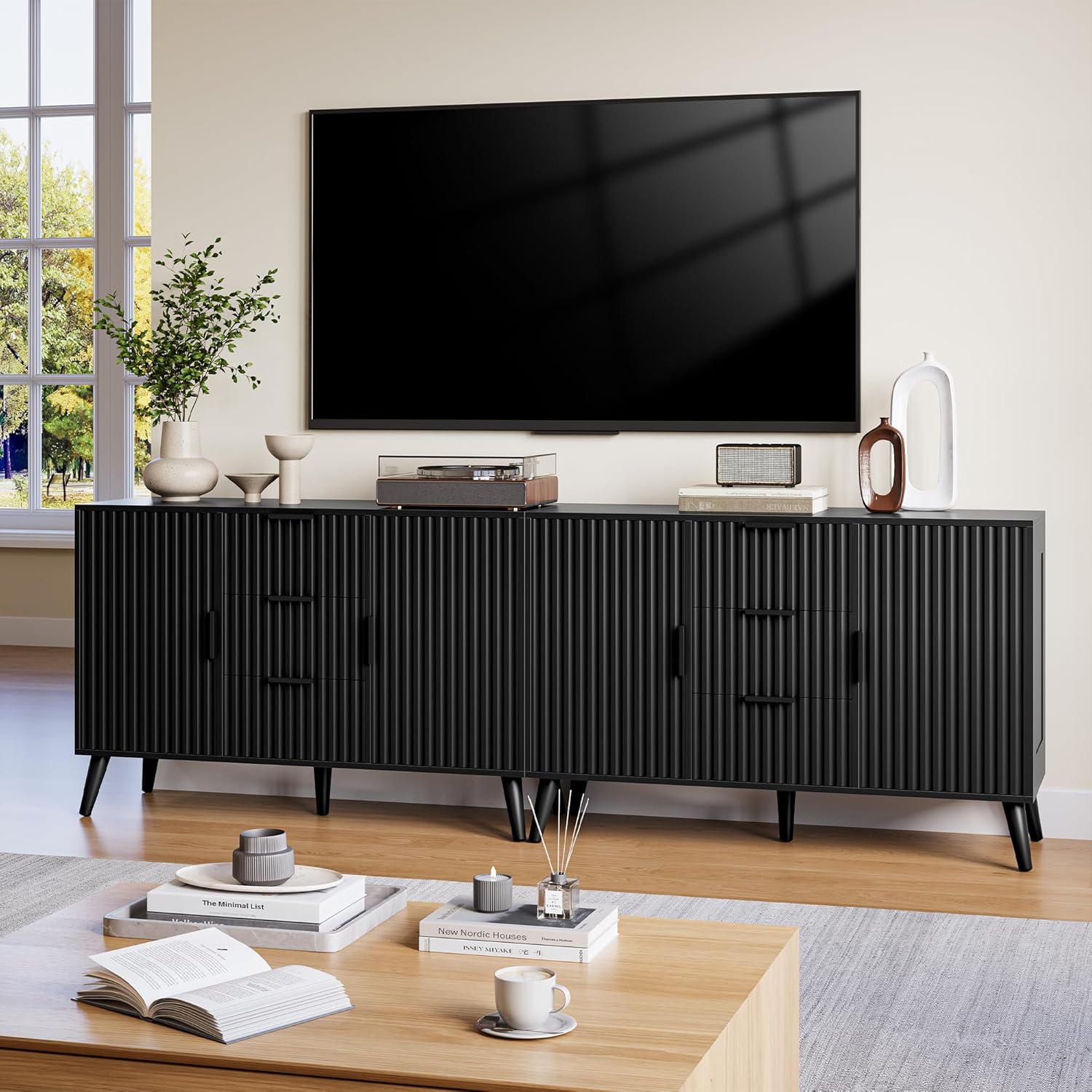 47" Black Sideboard Buffet Cabinet with 3 Drawers, Fluted Modern Buffet Cabinet with Storage, 2 Doors Sideboard Cabinets Accent Credenza for Dining Room|Living Room|Entryway