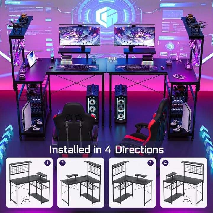 L Shaped Gaming Desk, Reversible Computer Desk with 4-Tier Shelves, Corner Desk with Pegboard, Home Office Desk with LED Lights & Power Outlets Gaming Desk with Storage, Black