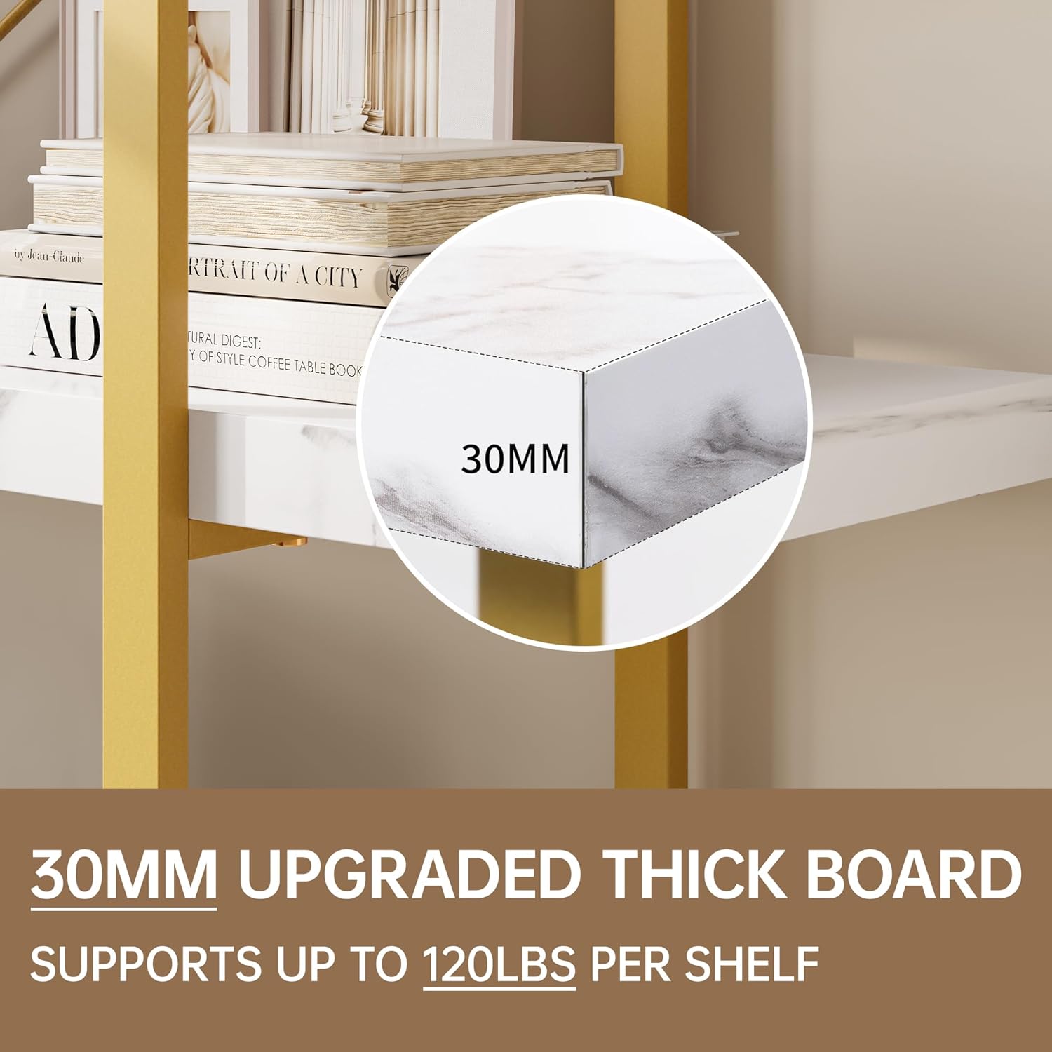 Heavy Duty 5-Tier Industrial Bookcase, 47" Wide Wood Bookshelf for Home Office, 120lbs Shelf Capacity, Shelving Display with Reinforced Horizontal Shelf for Living Room Bedroom,White