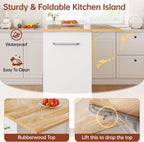 Rolling Kitchen Island with Hidden Trash Can Storage, Kitchen Island on Wheels with Storage, 3-Tier Spice Rack, Towel Rack&Drawer, Mobile Portable Island for Kitchen, White