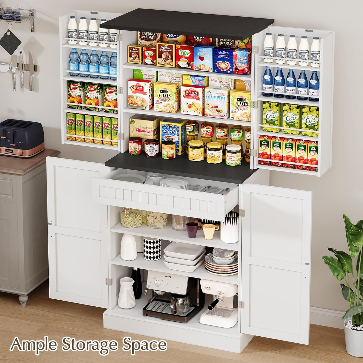 72" Tall Pantry Cabinet, 31.5" W Larger Farmhouse Kitchen Pantry Cabinet with Barn Doors, Hidden Drawer and 4 Shelves, Wood Versatile Storage Cabinet for Kitchen, Dining Room, Living Room