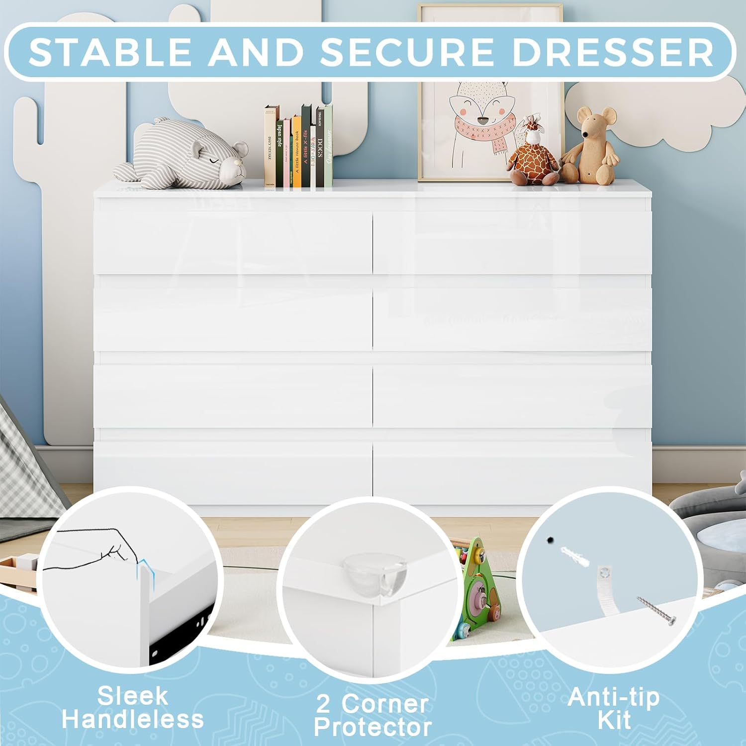 White Wood Dresser for Bedroom, 8 Drawer Dressers for Clothes Storage, Modern Dresser with Wide Drawers, Wide Wooden Chest Drawers for Living Room, Entryway, TV Stand(55" W x15.4 Dx32.3 H)