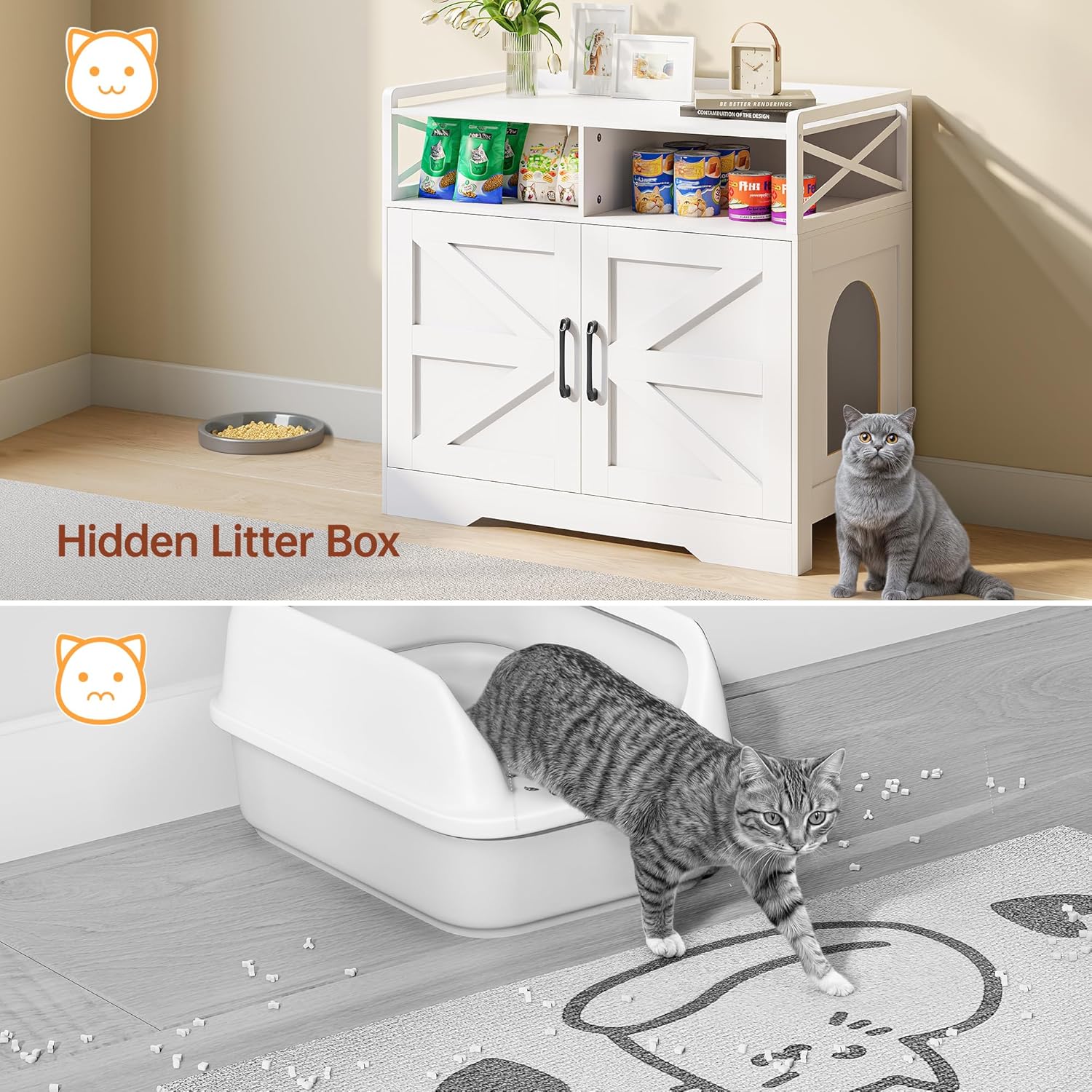 Cat Litter Box Enclosure, Ultra-Large Hidden Litter Box Furniture with Top Opening, Anti-Tipping Fence and 2 Open Drawers, Litter Box Cabinet End Table, White