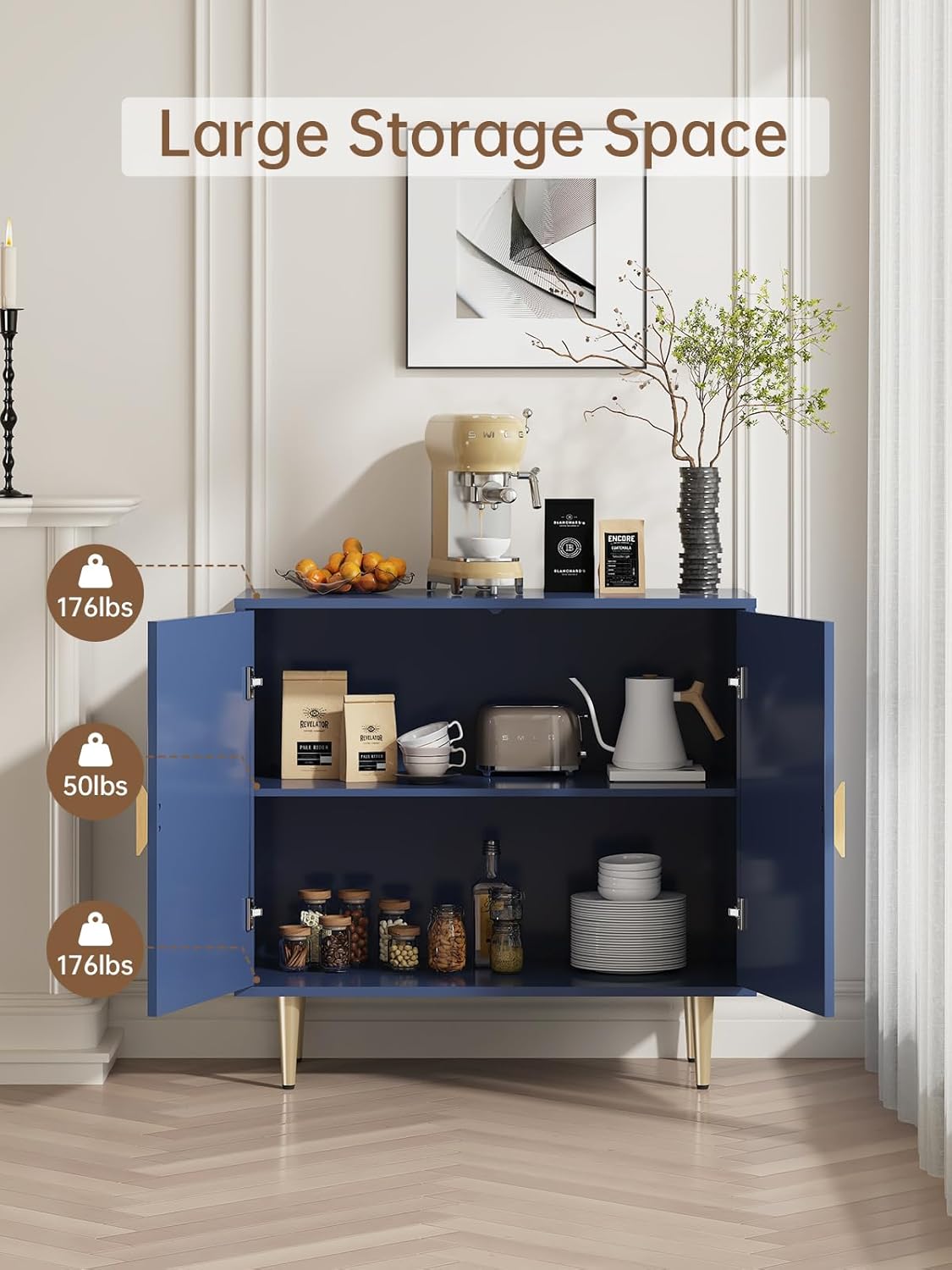 Buffet Cabinet with Storage, 31.5'' Modern Sideboard Cabinet with 2 Doors and Adjustable Shelf, Credenza Buffet Table for Living Room, Kitchen and Entryway, Blue