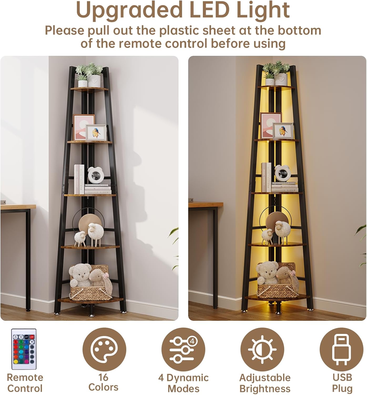 5-Tier Corner Shelf with LED Light, 70 Inch Display Shelf for Living Room, Bedroom, Bookshelf, Industrial Shelf, Plant Shelf (Rustic Brown, Ladder Corner Shelf)