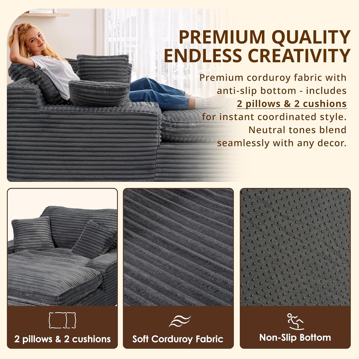 Oversized Chaise Lounge Chair, 57.5'' Deep Seat with 6'' Thick Cushion, Upholstered Sleeper Sofa with Pillows, Comfy Lounge Chair for Tall Adults, Living Room or Bedroom(Grey)
