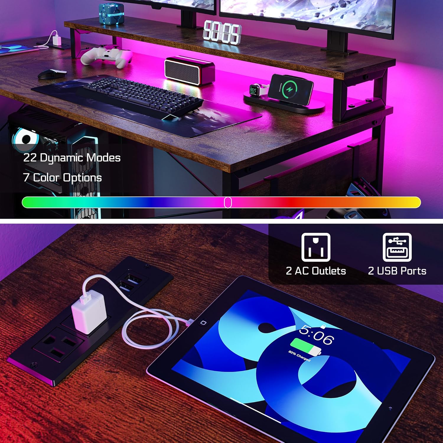 L Shaped Gaming Desk with 4 Drawers, 51" Reversible Computer Desk with Monitor Stand, Home Office Table with USB Port&LED Lights, L Shape Corner Desk with Open Shelves&Hooks, Rustic Brown