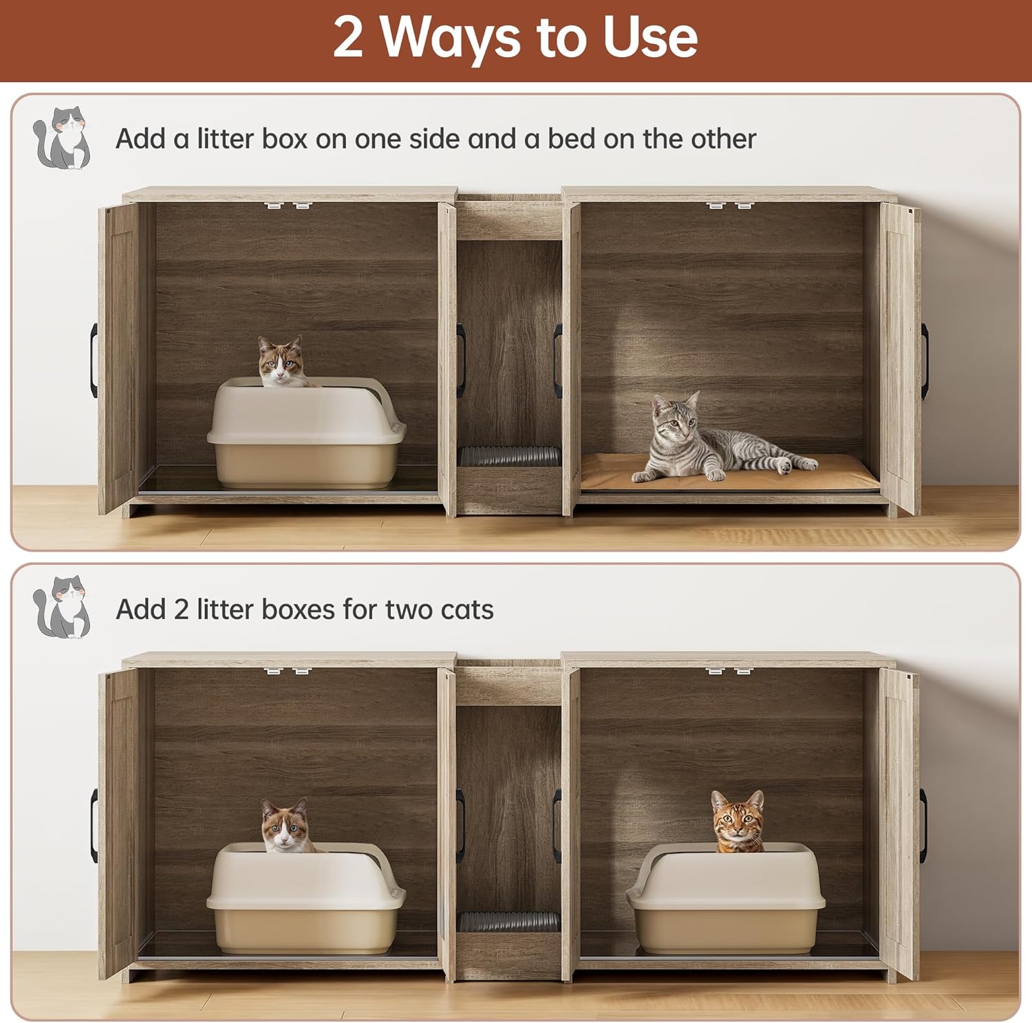 Litter Box Enclosure for 2 Cats, Hidden Litter Box Furniture with Double Rooms, Cat Bed, PVC Pad and Scratch Pad, Grey